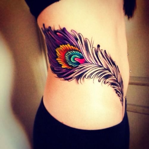 Rib Side Colorful Peacock Feather Tattoo For Girls
