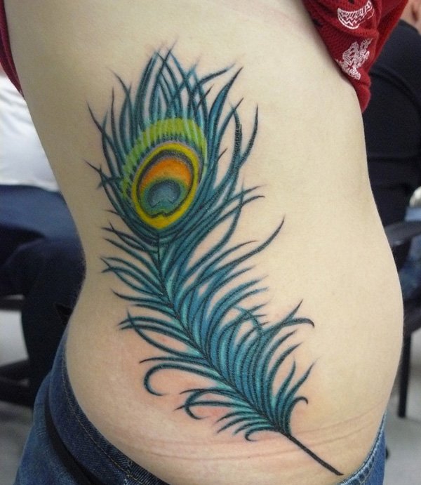 Rib Side Peacock Feather Tattoo For Girls