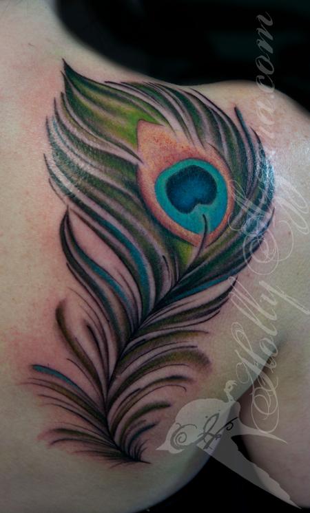 Right Back Shoulder Peacock Feather Tattoo For Girls
