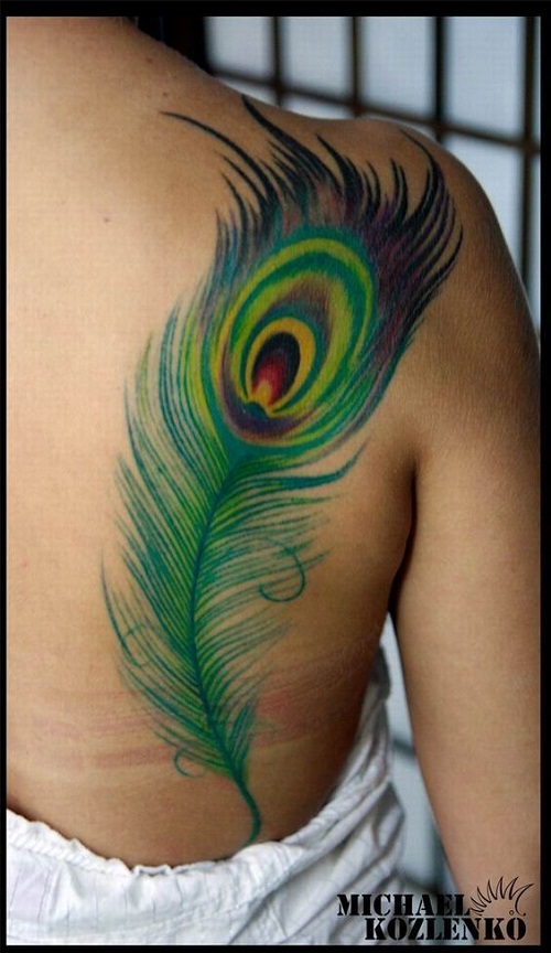 Right Back Shoulder Peacock Feather Tattoo by Michael Kozlenko