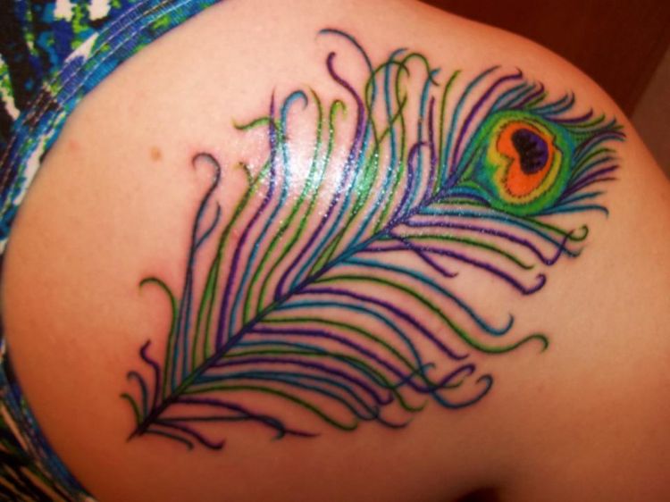 Right Back Shoulder Peacock Feather Tattoos For Girls