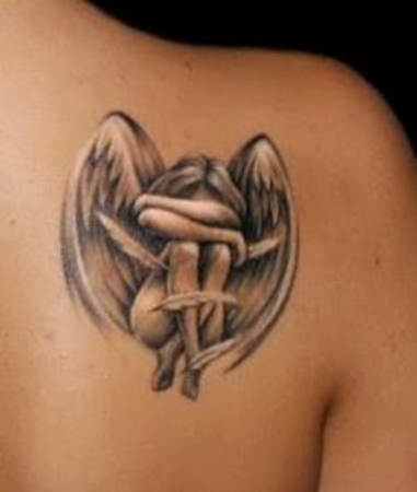 Right Back Shoulder Sad Angel Tattoo