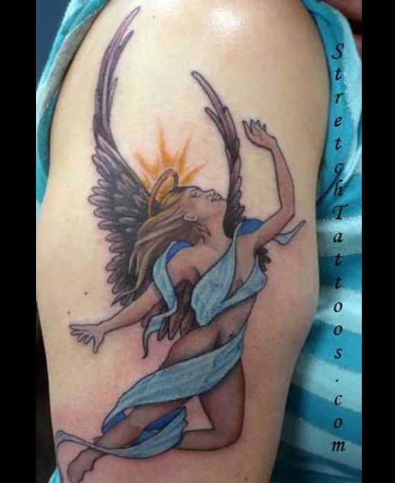 Right Bicep Flying Angel Tattoo Idea