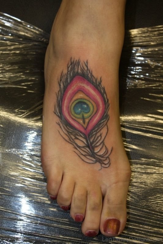 Right Foot Peacock Feather Tattoo For Young Girls