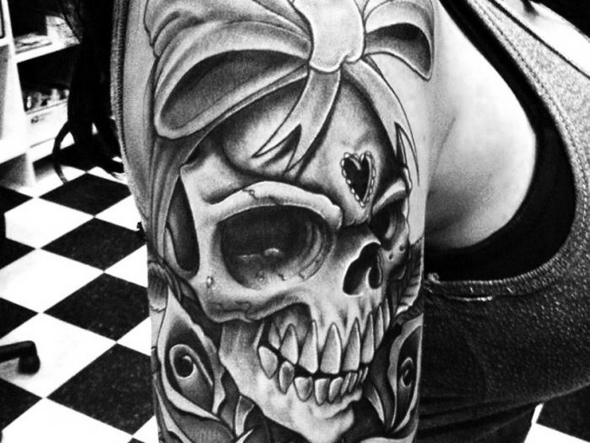 Right Half Sleeve Skull And Rose Tattoo