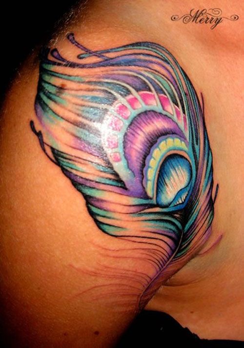 Right Shoulder Color Peacock Feather Tattoo