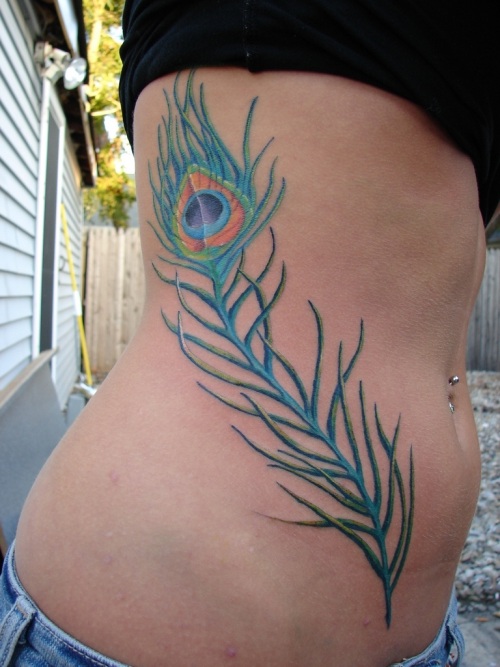 Right Side Rib Peacock Feather Tattoo
