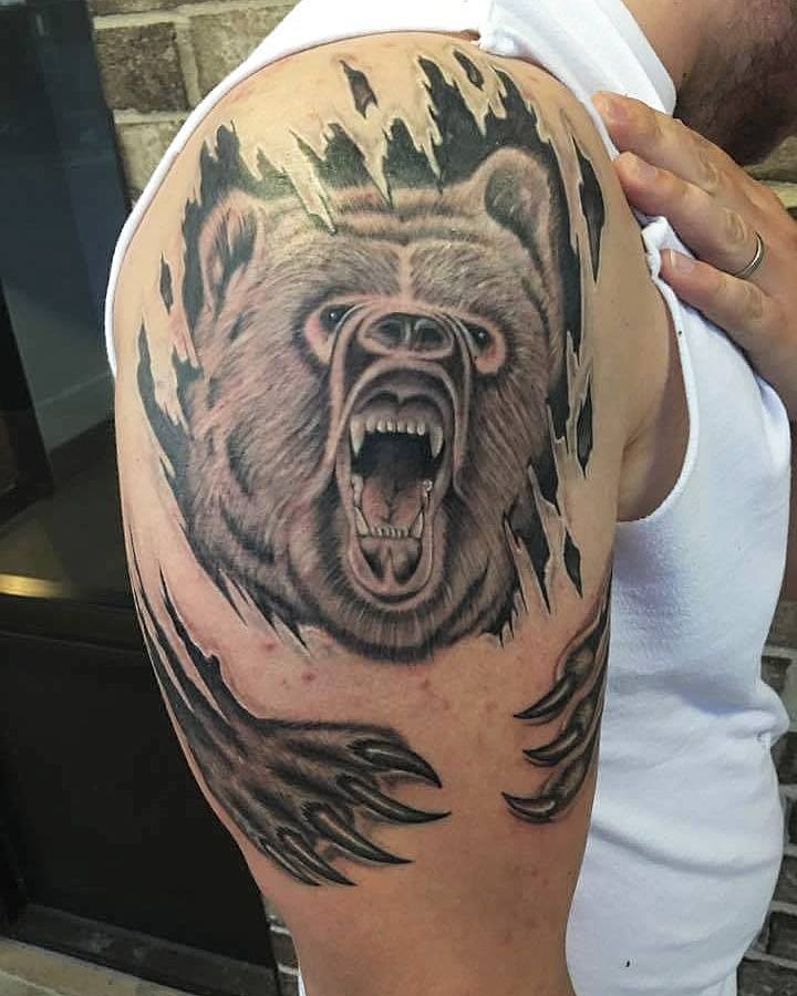 Ripped Skin Roaring Bear Tattoo On Right Half Sleeve By Zak Schulte