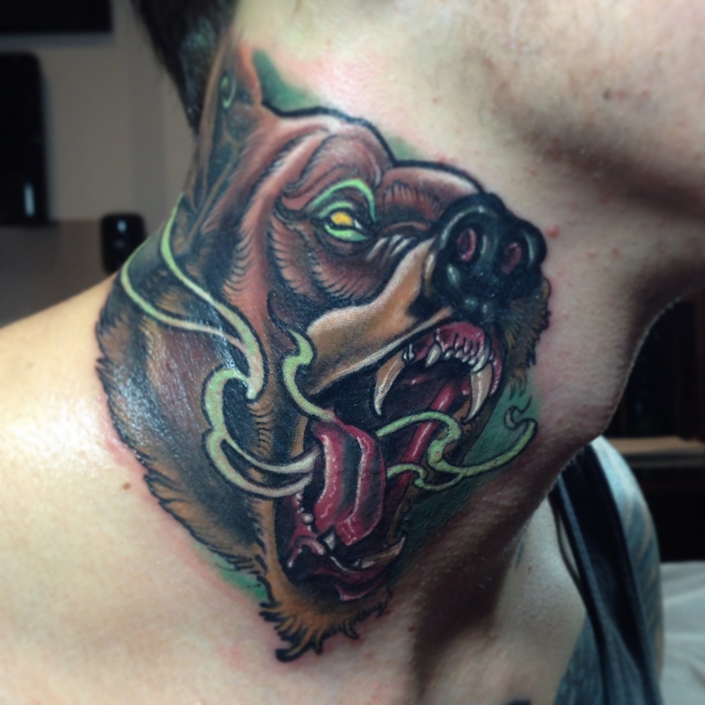 Roaring Bear Head Tattoo On Right Side Neck