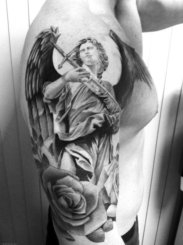 Rose And Angel Tattoo On Man Right Half Sleeve