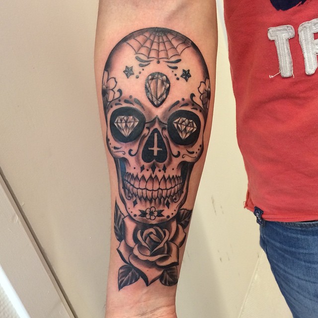 Rose And Sugar Skull Tattoo On Forearm
