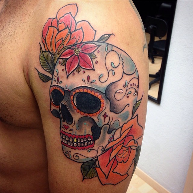 Roses And Sugar Skull Tattoo On Left Half Sleeve