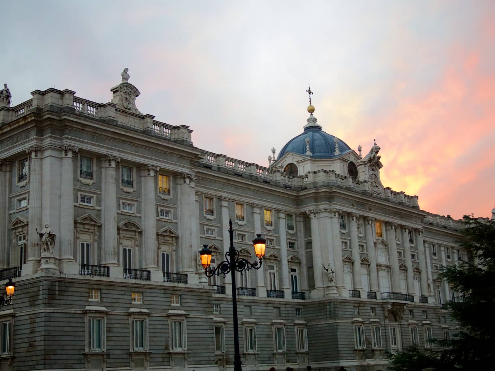 Royal Palace Of Madrid View From Sabatini Gardens During Sunset