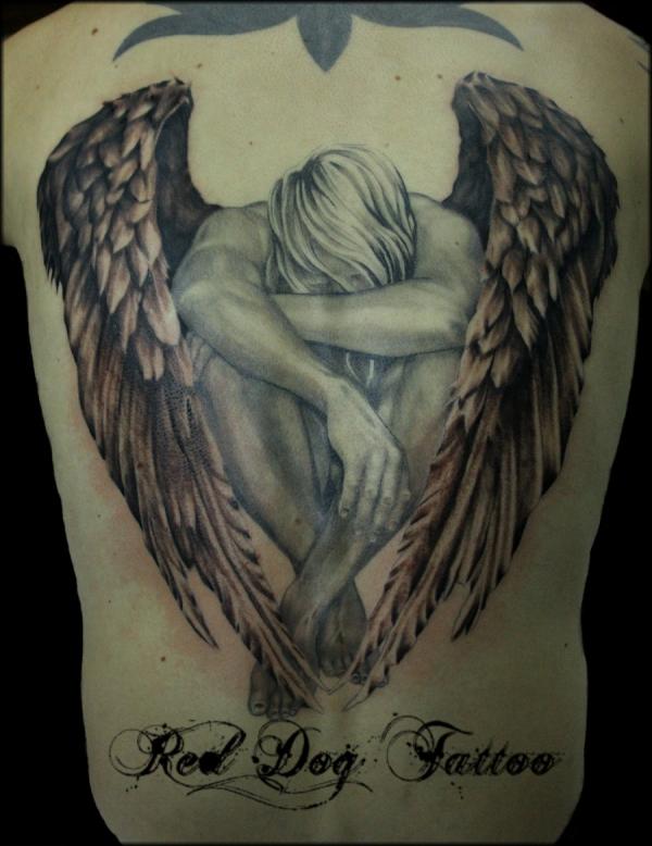 Sad Angel Tattoo on Back Body by Red Dog Tattoos