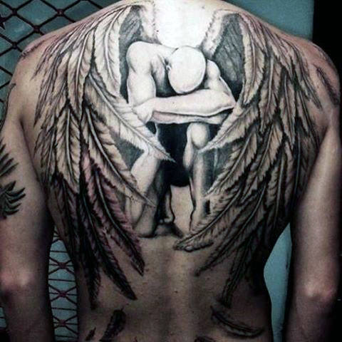 Sad Guardian Angel Tattoo On Full Back
