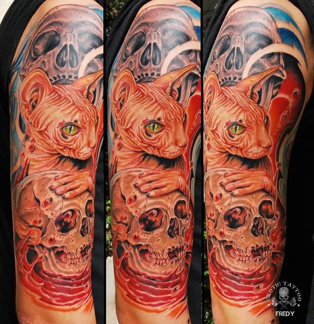 Scary Cat With Skull Tattoo On Right Half Sleeve By Fredy