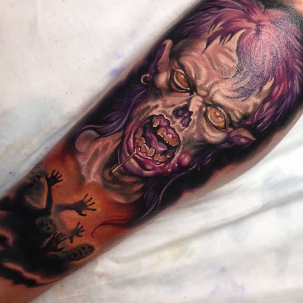 Scary Zombie Face Tattoo On Right Forearm