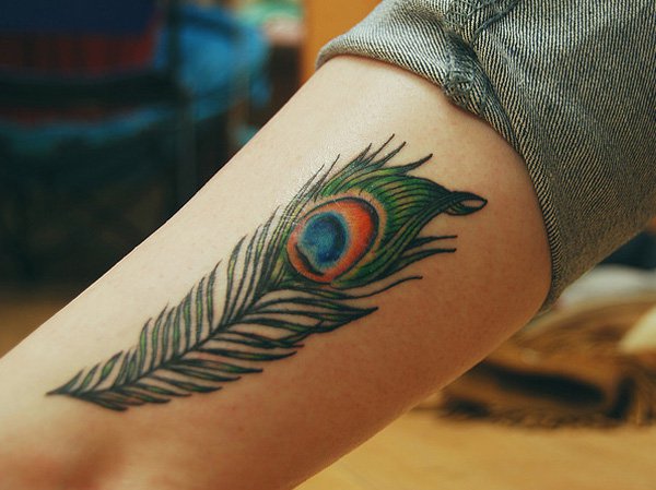 Side Leg Small Peacock Feather Tattoo