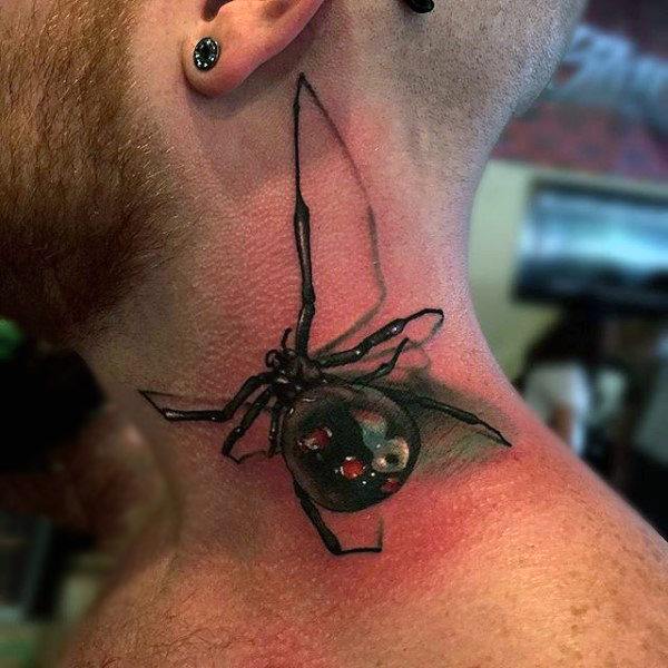 Side Neck 3D Spider Tattoo For Men