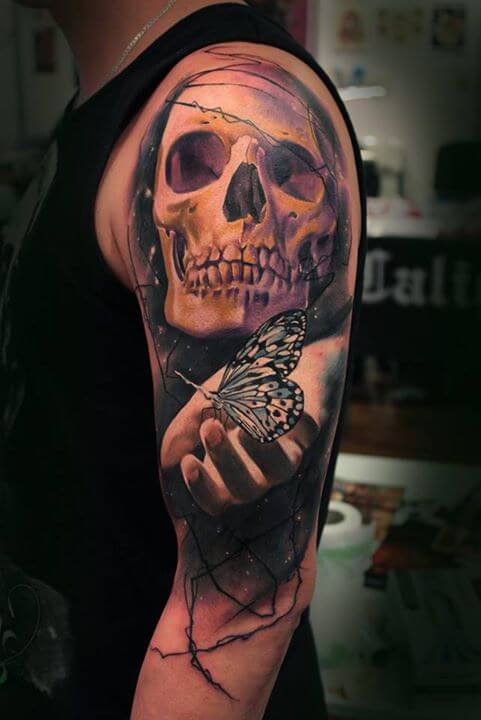 Skull And Butterfly Tattoo On Left Half Sleeve by Igoryoshi