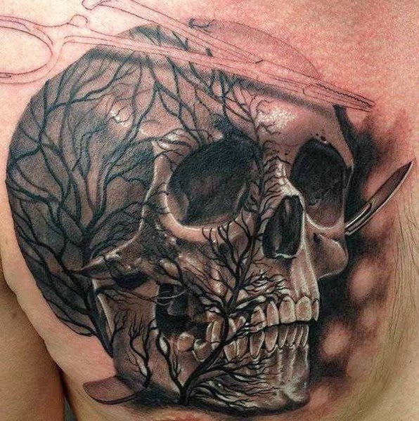 Skull And Tree Tattoo On Man Back Shoulder