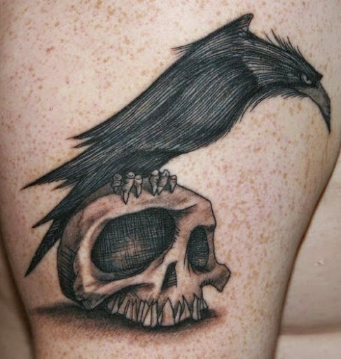 Skull With Black Crow Tattoo On Bicep