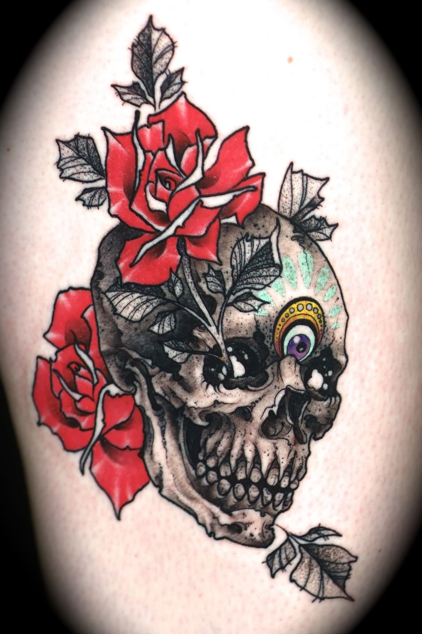 Skull With Rose Tattoo Design By Ben Merrell