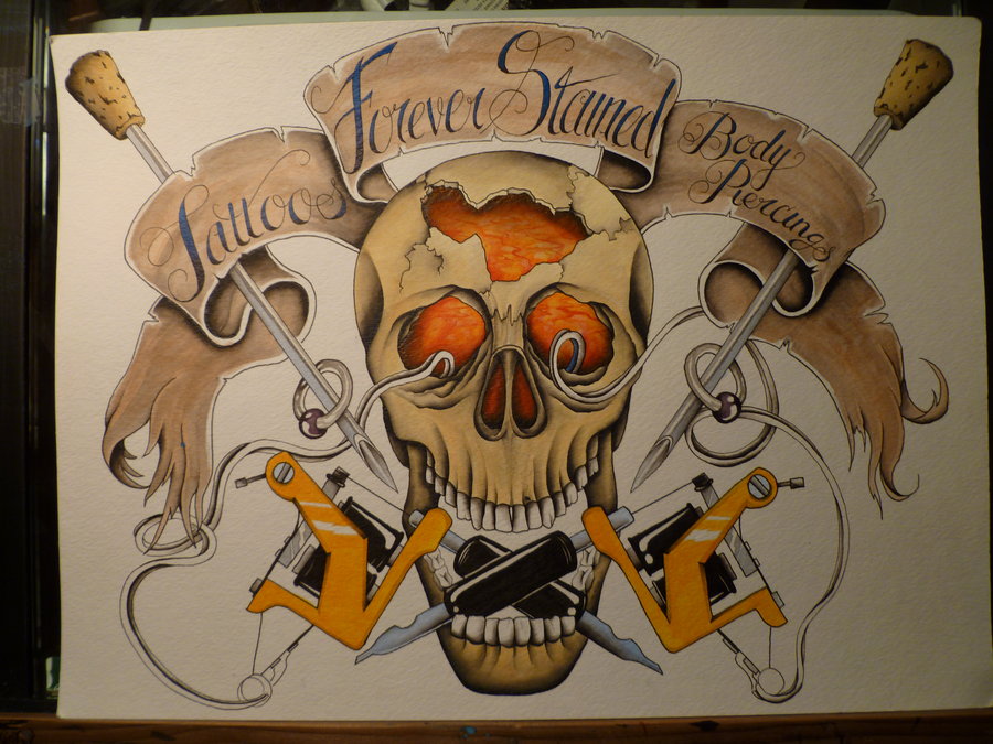 Skull With Tattoo Machines And Banner Tattoo Design