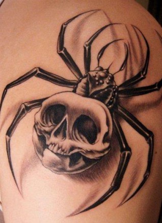 Skull and Spider Tattoo On Shoulder