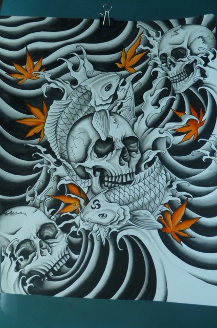 Skulls With Koi Fishes Tattoo Design By Tyler Bishop