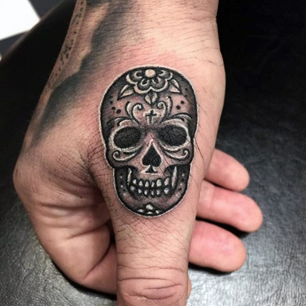 Small Sugar Skull Tattoo On Right Hand