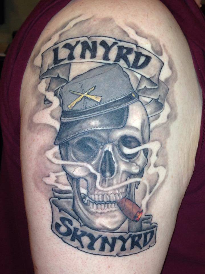 Smoking Skull With Banner Tattoo On Right Half Sleeve