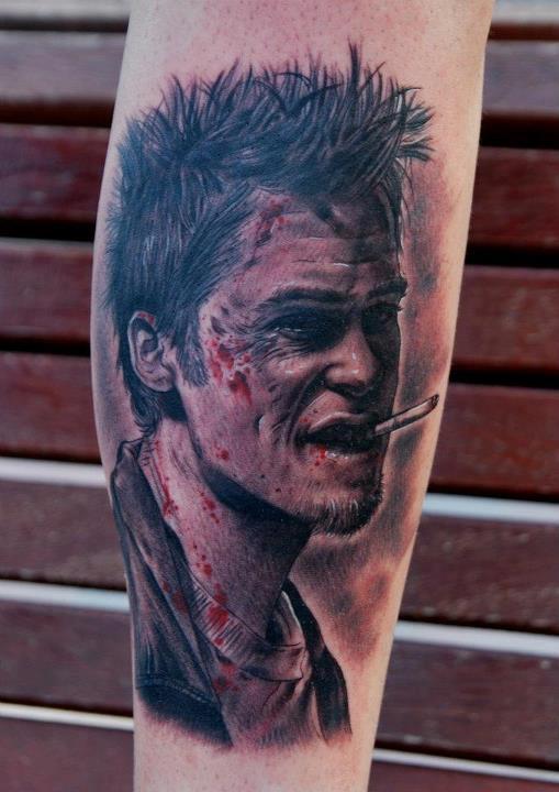Smoking Tyler Durden Portrait Tattoo On Sleeve