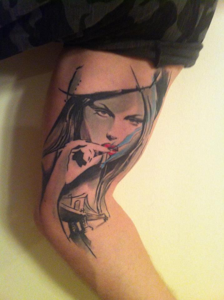 Smoking Women Face Tattoo On Bicep By Peter Bobek