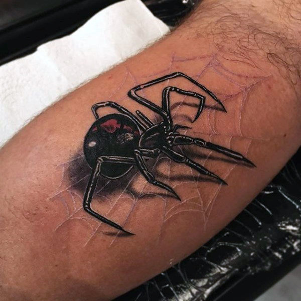 Spider Web And Black Widow Tattoo On Arm Sleeve