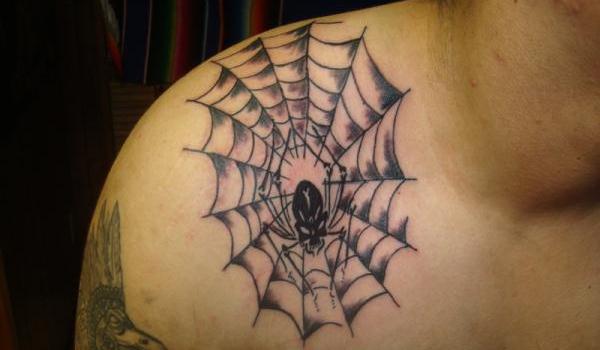 Spider Web And Spider Tattoo On Front Shoulder