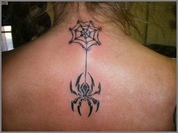 Spider Web And Spider Tattoo On Girl Upper Back