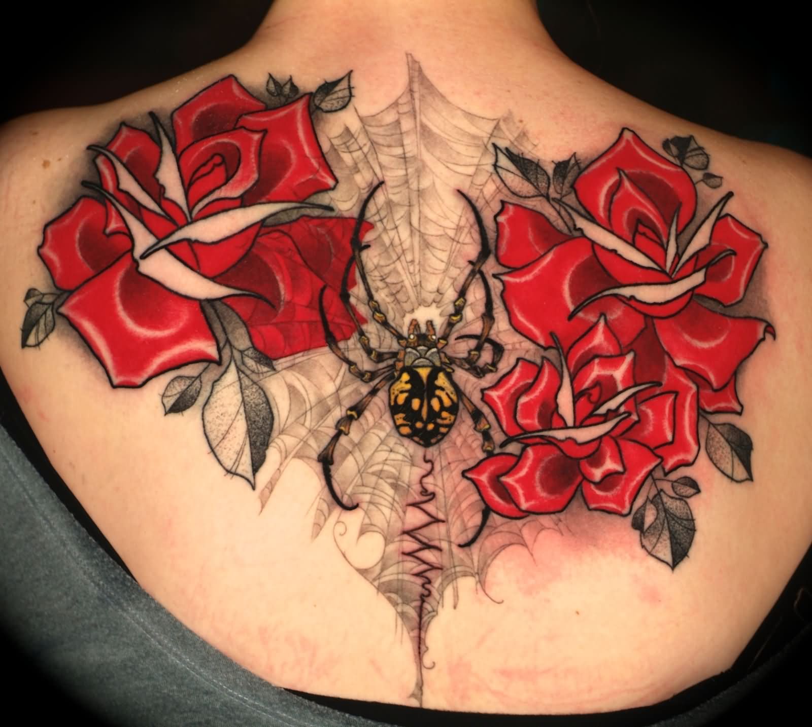 Spider With Roses Tattoo On Women Upper Back