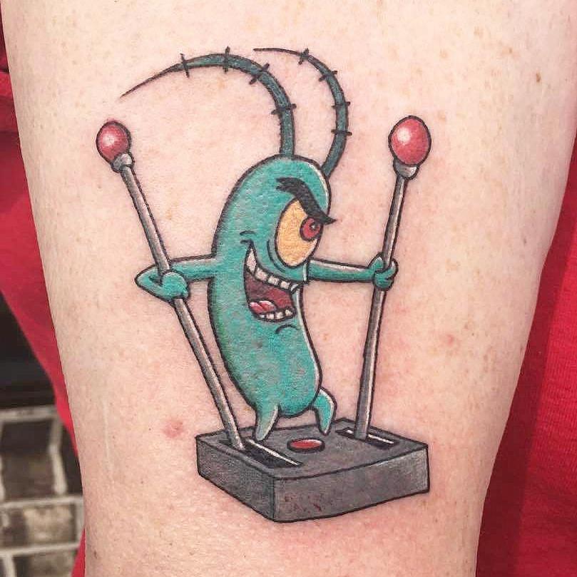 Spongebob Plankton Tattoo On Right Half Sleeve By Zak Schulte