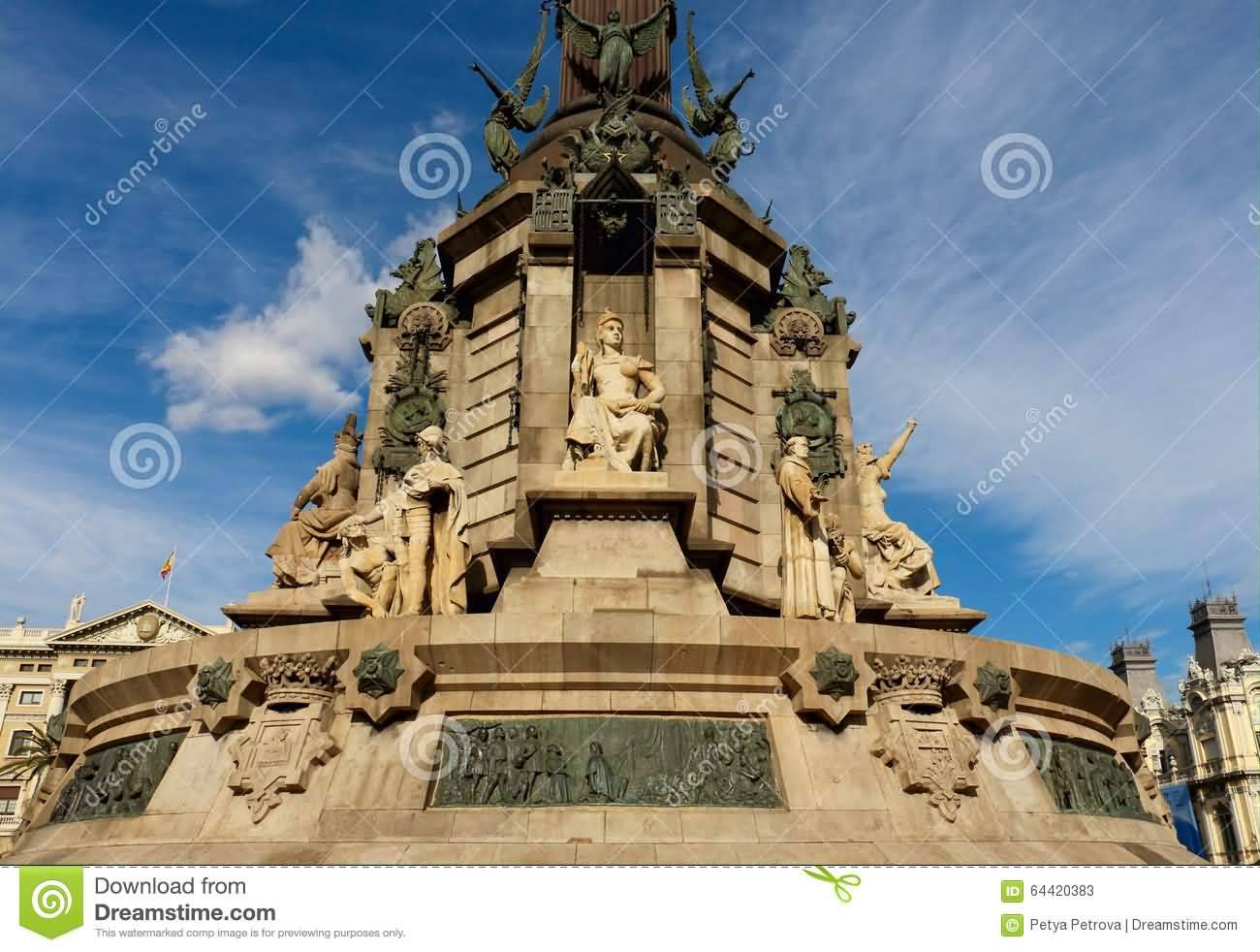 Statues On The Pedestal Of Columbus Monument In Barcelona