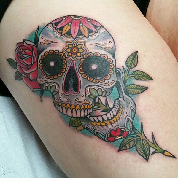 Sugar Skull And Rose Tattoo On Thigh