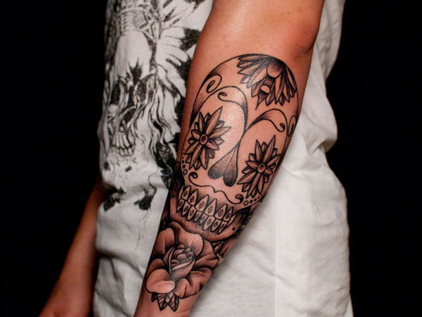 Sugar Skull Tattoo On Arm Sleeve