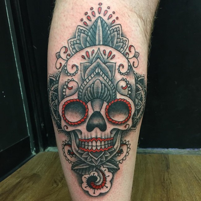 Sugar Skull Tattoo On Side Leg
