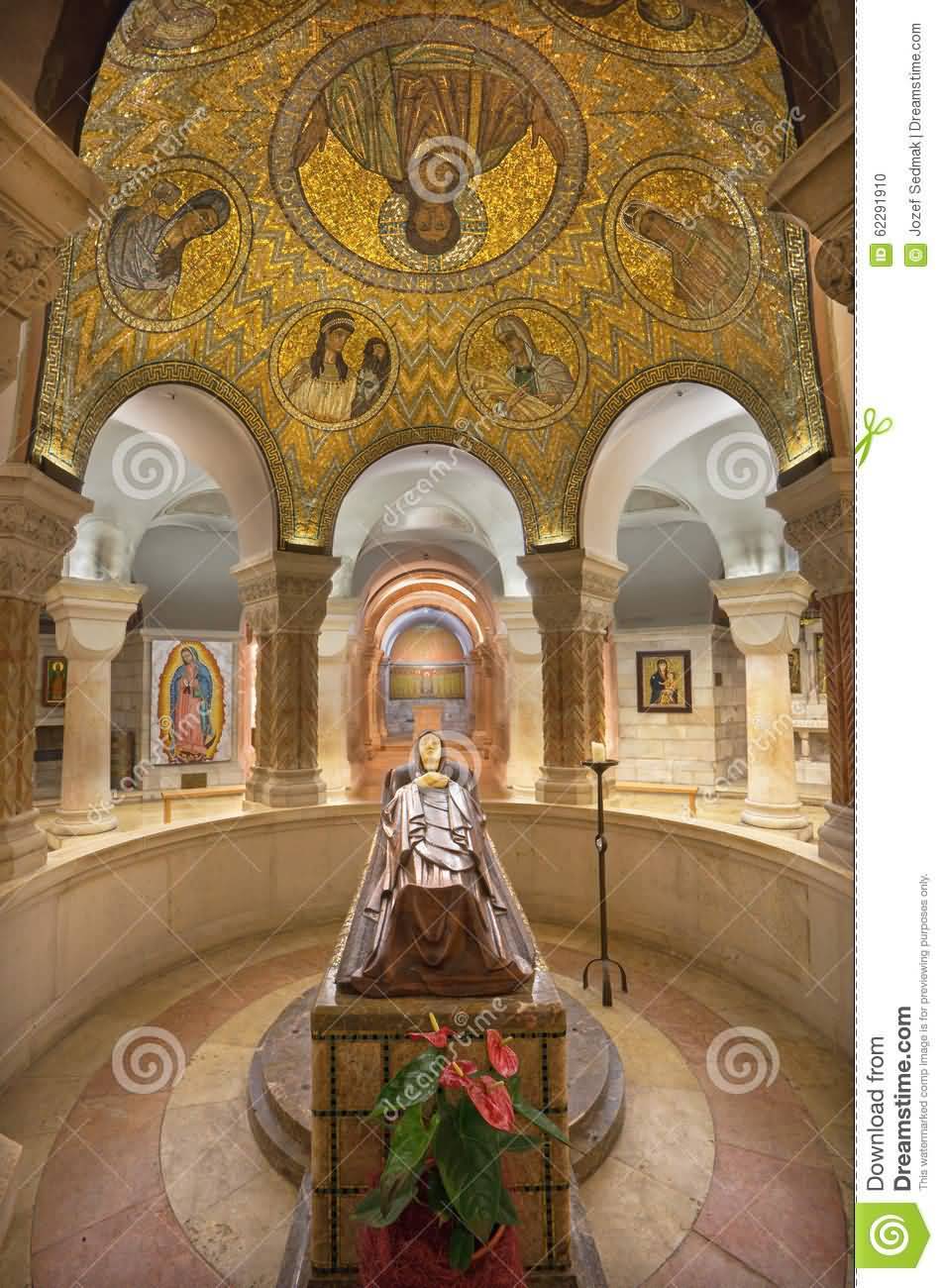 The Crypt Of Dormition Abbey With Statue Of Death Virgin Mary