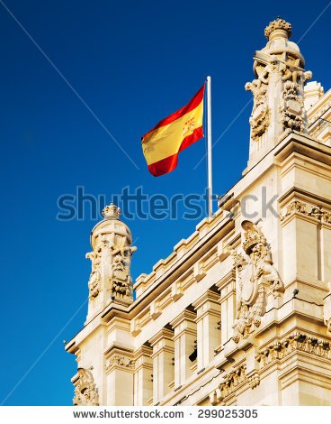 The Flag Of Spain Fluttering On The Cybele Palace