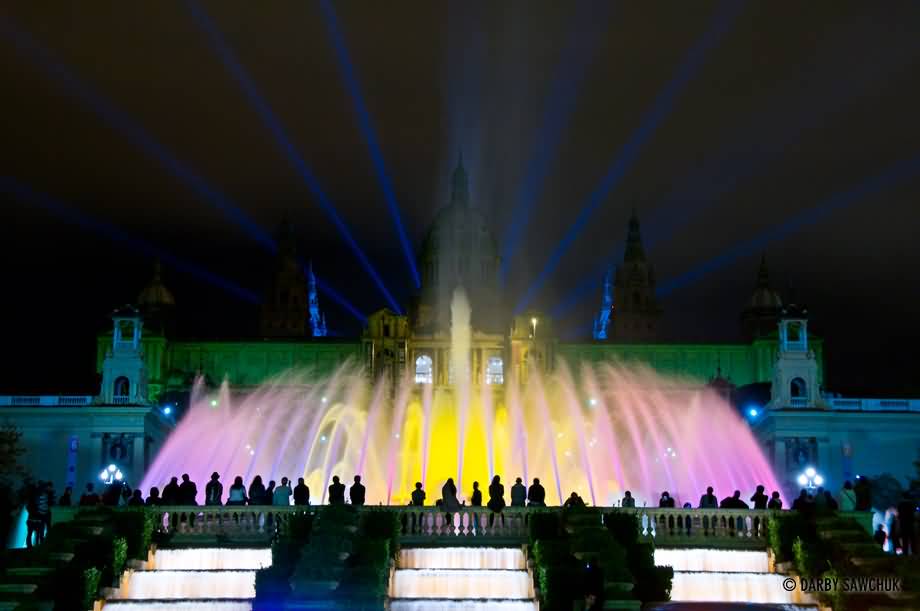 The Magic Fountain Show In Front Of Palau Nacional At Night