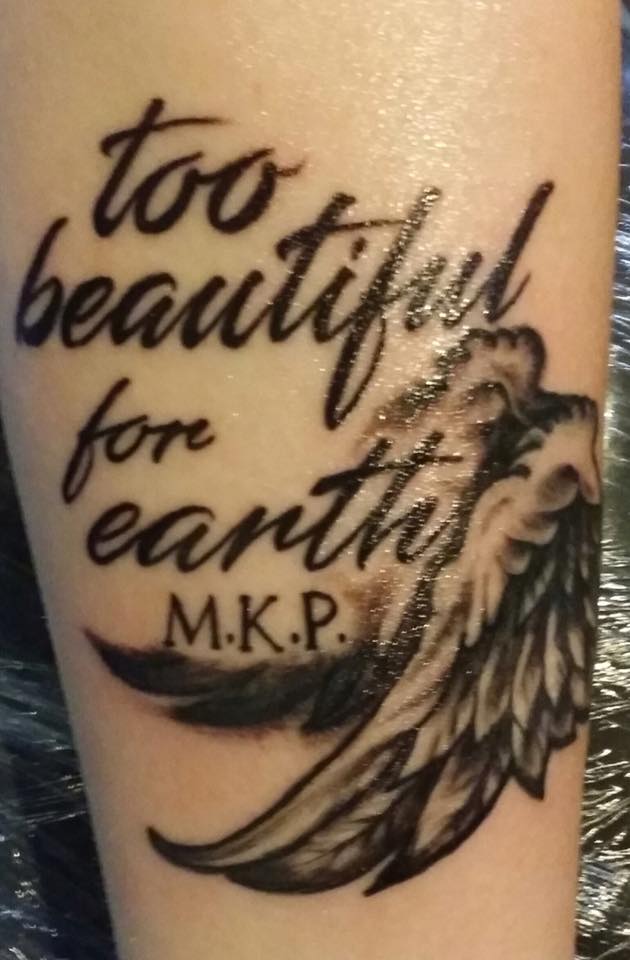 Too Beautiful For Earth M.K.P. – Black Ink Angel Wings Tattoo Design For Sleeve