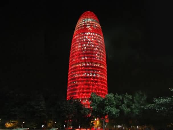 Torre Agbar Looks Amazing With Red Lights At Night