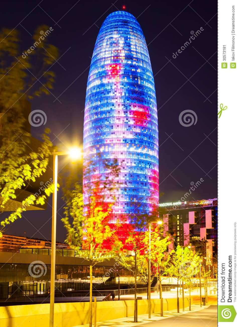 Torre Agbar Skyscraper In Night