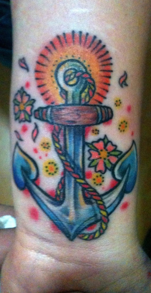 Traditional Anchor With Flowers Tattoo On Wrist By Piglegion